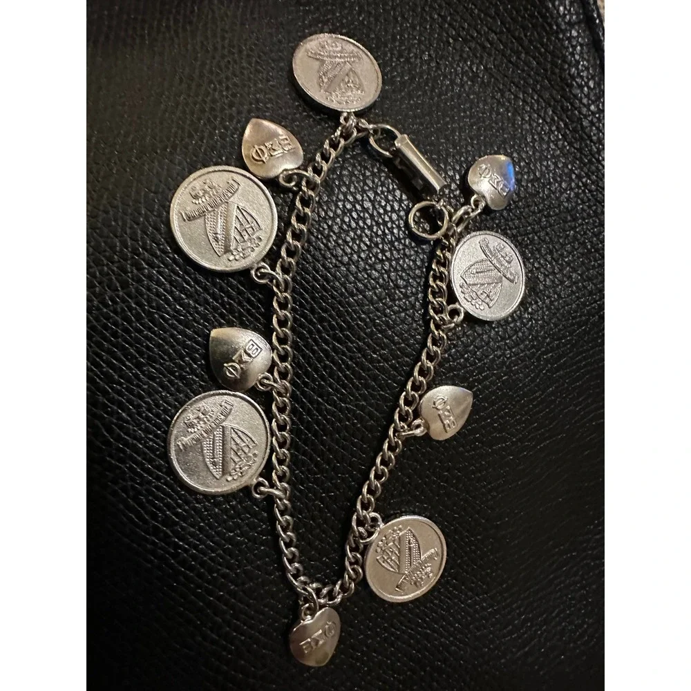 Vintage Beta Sigma Phi Sterling‎ Silver Charm Bracelet Dated 1957-1969 11 Charms
